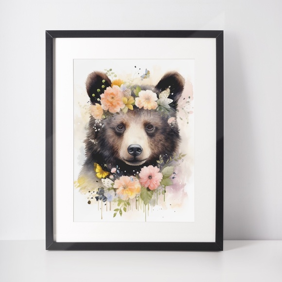 Watercolor Floral Black Bear Portrait Wall Art Illustration Print Unframed - Picture 3 of 5